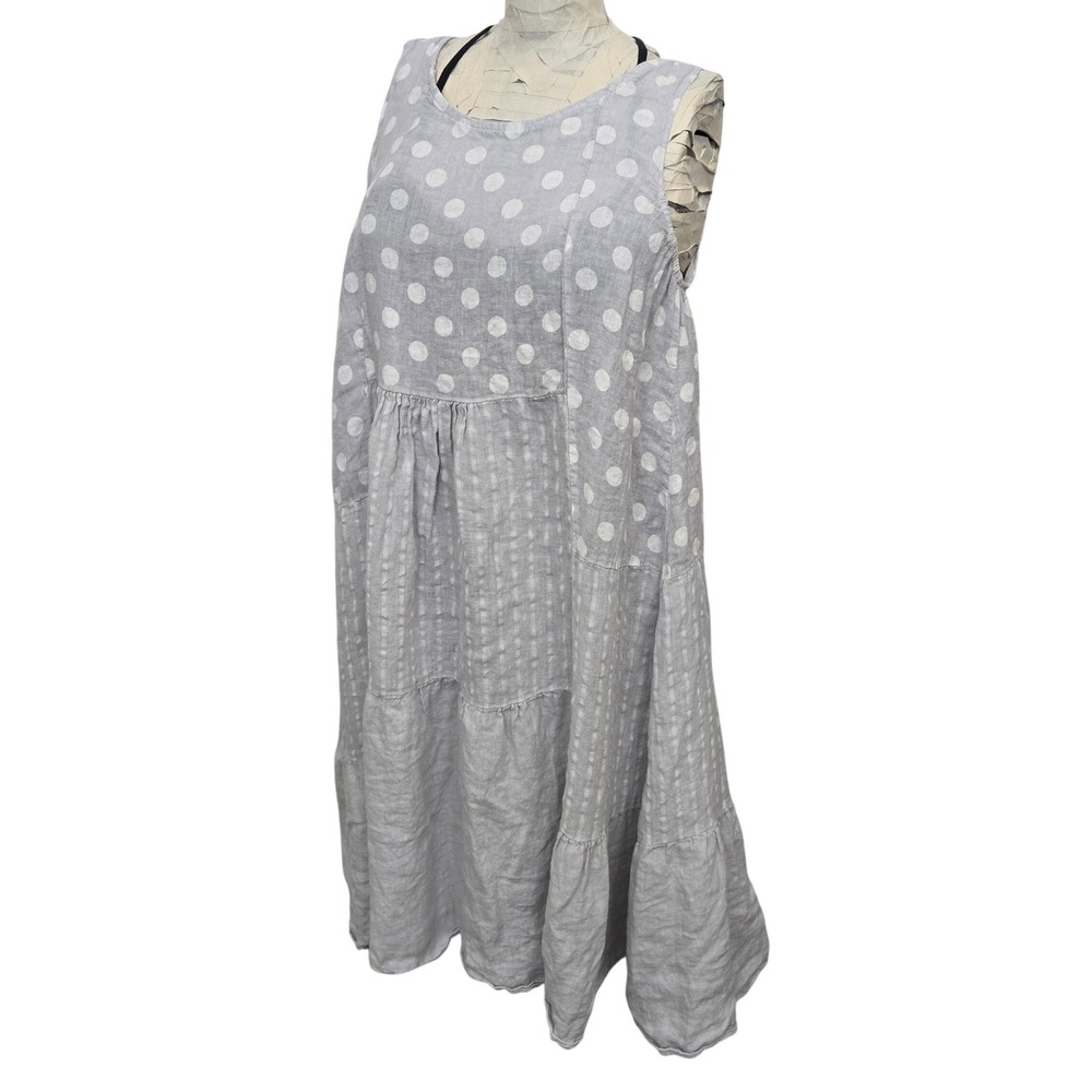 Angela Mara Lagenlook Dress S Gray Polka Dot Striped 100% Linen Made in Italy